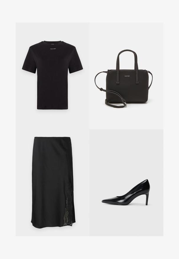 Schwarzes Baumwoll-T-Shirt mit kurzen Ärmeln, Rundhalsausschnitt und kleinem weißen "Calvin Klein"-Logo auf der Brust. Glatte Textur, klassischer Schnitt.; Schwarzer Satinrock mit glatter Textur, der auf einer Seite mit einer Spitzenakzentuierung versehen ist und einen geraden Saum hat. Elastischer Bund für einen flexiblen Sitz.; Schwarzer Lederhochschuh mit spitzem Zehenbereich, glatter Textur und schmalem Absatz. Minimalistisches Design, keine zusätzlichen Verzierungen.; Schwarze Handtasche mit zwei kurzen, doppelt geflochtenen Griffen und einem abnehmbaren Schulterriemen. Glattes, lederähnliches Material mit einem Reißverschluss und Logodetail.