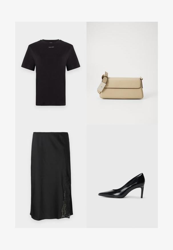 Fekete pamut póló rövid ujjakkal, kerek nyakkivágással és kis fehér "Calvin Klein" logóval a mellkasnál. Simás textúra, klasszikus fazon.; Fekete selyemszatén szoknya sima textúrával, melynek egyik oldalán csipkebetéttel és egyenes szegéllyel rendelkezik. Rugalmas derékpánt a kényelmes illeszkedés érdekében.; Fekete bőr magassarkú cipő, hegyes orral, sima textúrával és kúpos sarkal. Minimalista dizájn, nincsenek további díszítések.; Beige műbőr kézitáska, felhajtható záródással, állítható pánttal és minimális dizájnnal. Finom varrásokkal és bélyegzett logóval rendelkezik.