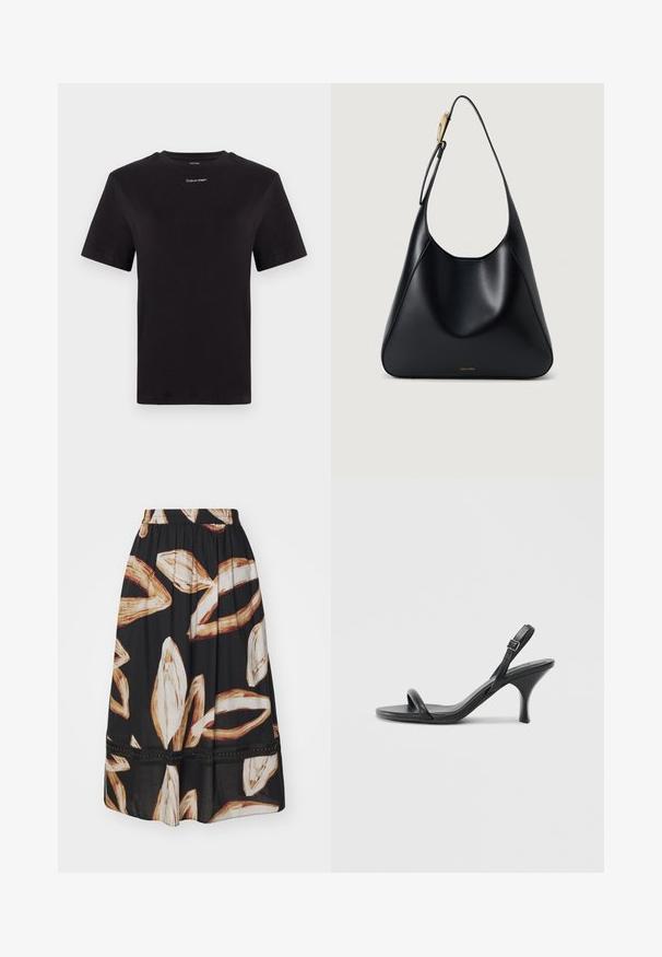 Svart bomull T-skjorte med korte ermer, rund hals og liten hvit "Calvin Klein" logo på brystet. Glatt tekstur, klassisk passform.; Svart skjørt med abstrakte off-white og brune bladmønstre, elastisk midjebånd og en dekorativ kant med små prikker langs nederkanten.; Sorte skinnhøye hæler med en slank, buet hæl og et kryssrem-design. Justerbar ankelrem. Glatt tekstur.; Svart lær skulderveske med glatt tekstur, buet silhuett og gullfarge detaljer. Har preget merkevarelogo nederst.