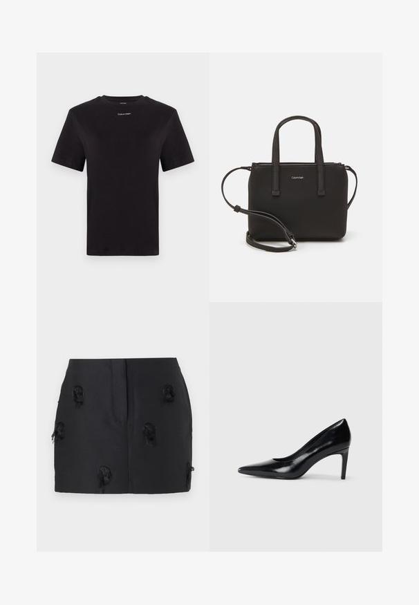Musta puuvillapaita lyhyillä hihoilla, pyöreä pääntie ja pieni valkoinen "Calvin Klein" -logo rinnassa. Silkkinen pinta, klassinen istuvuus.; Musta hame, jossa on tiukasti istuva muotoilu ja säädyllisiä, purkautuneita korostuksia kankaan pinnalla. Sujuva materiaali ilman näkyviä kiinnityksiä.; Mustat nahkakengät korkealla korolla, terävä kärki, sileä pinta ja kapeneva korko. Minimalistinen muotoilu, ei ylimääräisiä koristeita.; Musta käsilaukku, jossa on kaksinkertaiset lyhyet kahvat ja irrotettava olkahihna. Silkkinen nahkatunneinen materiaali, jossa on vetoketjukiinnitys ja logoyksityiskohta.
