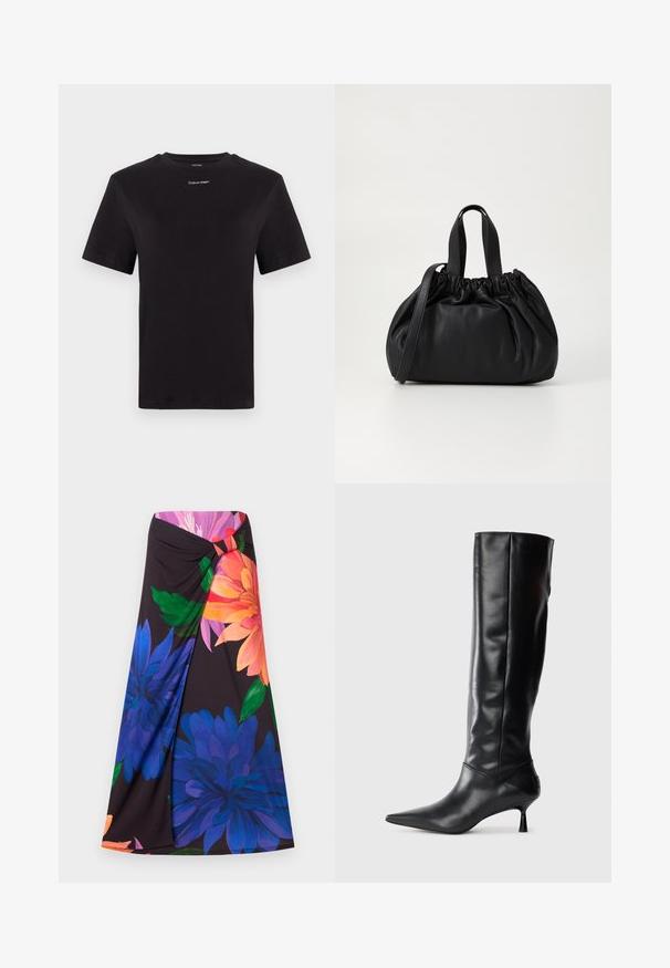 T-shirt noir en coton à manches courtes, col rond, avec un petit logo blanc "Calvin Klein" sur la poitrine. Texture lisse, coupe classique.; Jupe maxi florale avec un fond noir, mettant en avant de grandes fleurs bleues et orange. Design noué à la taille avec un accent rouge. Tissu doux.; Botte en cuir noir hautes jusqu'au genou avec un bout pointu et un talon fin et courbé. Texture lisse, design ajusté, sans matériel ni motifs visibles.; Sac à main en cuir noir avec un design à haut froncé, doté de deux poignées courtes et d'une bandoulière longue et réglable. Texture lisse, forme arrondie.