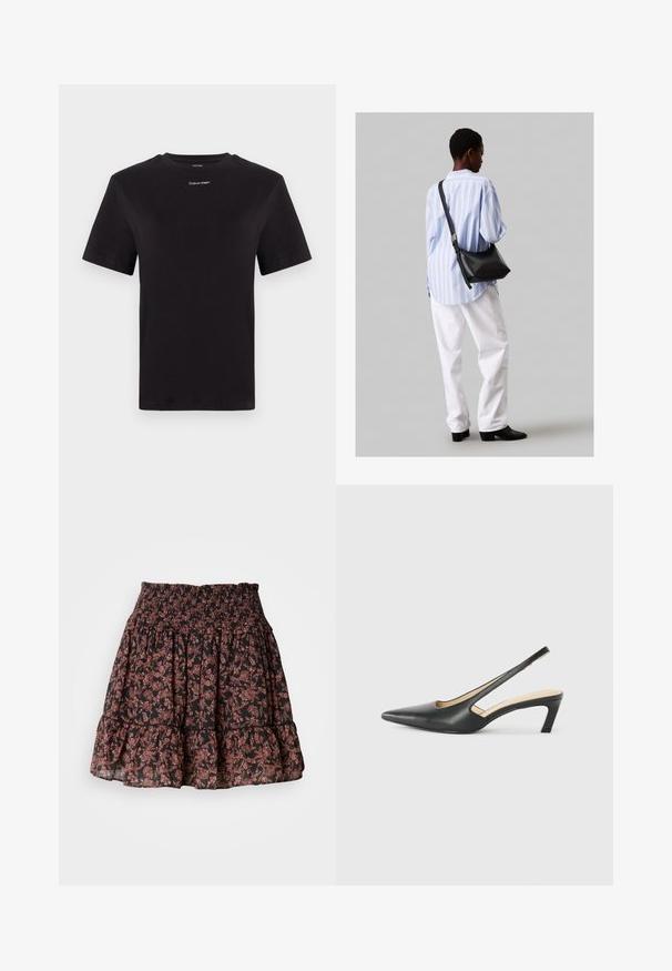 Schwarzes Baumwoll-T-Shirt mit kurzen Ärmeln, Rundhalsausschnitt und kleinem weißen "Calvin Klein"-Logo auf der Brust. Glatte Textur, klassischer Schnitt.; Schwarzer Blumenkleid mit einem gerafften Taillengummi, der gestufte Rüsche und ein zartes rosa- und braunes Muster aufweist. Leichter Stoff.; Schwarzer spitz zulaufender Slingback-Schuh mit niedrigem Absatz, der aus glattem Leder gefertigt ist und seitliche Ausschnitte für Atmungsaktivität aufweist.; Schwarze Leder-Umhängetasche mit weicher Textur, dreieckiger Form und verstellbarem Tragegurt, kombiniert mit einem hellblauen gestreiften Hemd und weißen Hosen.