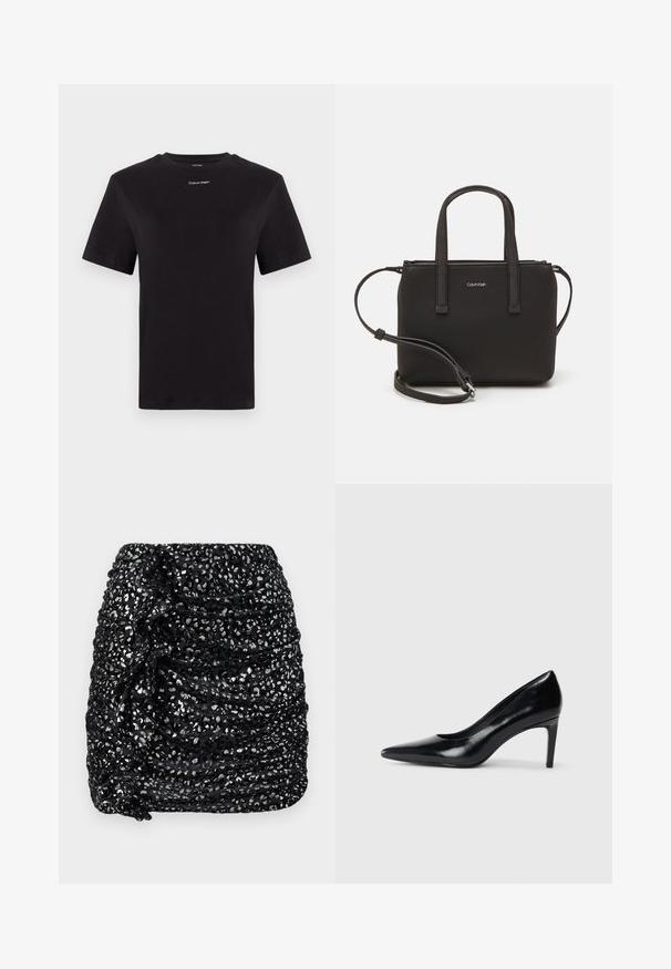 Černé bavlněné tričko s krátkými rukávy, kulatým výstřihem a malým bílým logem "Calvin Klein" na hrudi. Hladká textura, klasický střih.; Černá mini sukně s řasením a stříbrným flitrovým zdobením, s texturovaným povrchem a asymetrickým designem pro zvýšený vizuální zájem.; Černé kožené boty na vysokém podpatku s špičatou špičkou, hladkým povrchem a zúženým podpatkem. Minimalistický design, bez dalších ozdob.; Černá kabelka s dvojitými krátkými uchy a odnímatelným ramenním popruhem. Hladký koženkový materiál s uzávěrem na zip a detailem loga.