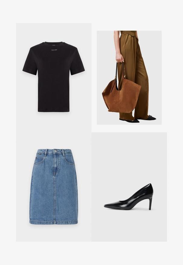 Tricou negru din bumbac, cu mâneci scurte, gât rotund și un mic logo alb "Calvin Klein" pe piept. Textură netedă, croială clasică.; Fustă din denim de culoare albastru deschis, cu croială dreaptă, având cinci buzunare, bucle pentru curea și închidere cu nasture în față, cu detalii de marmorat vizibile.; Pantof de damă din piele neagră, cu toc înalt, vârf ascuțit, textură fină și toc conic. Design minimalist, fără embellishments suplimentare.; Geantă de tote din suede maro cu mânere din piele neagră, având o formă largă și neglijentă și un design minimalist, ținută de o persoană îmbrăcată în pantaloni maro.
