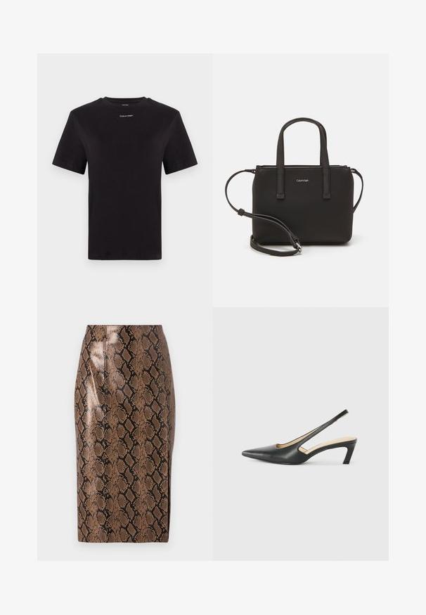 Černé bavlněné tričko s krátkými rukávy, kulatým výstřihem a malým bílým logem "Calvin Klein" na hrudi. Hladká textura, klasický střih.; Hnědá tužková sukně s hadím potiskem a lesklým povrchem, s upnutým střihem a vertikálními švy pro zeštíhlenou siluetu.; Černý špičatý slingback s nízkým podpatkem, vyrobený z hladké kůže, s výřezem na boku pro lepší prodyšnost.; Černá kabelka s dvojitými krátkými uchy a odnímatelným ramenním popruhem. Hladký koženkový materiál s uzávěrem na zip a detailem loga.