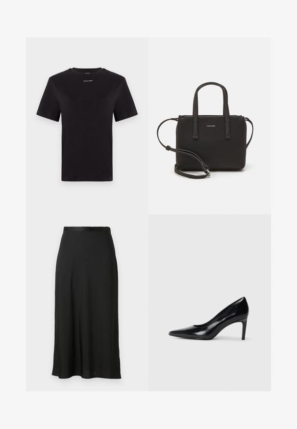 Juodas medvilninis marškinėliai trumpomis rankovėmis, apykaklė, su mažu baltu "Calvin Klein" logotipu krūtinėje. Lygus paviršius, klasikinis siluetas.; Juodas midi sijonas, pagamintas iš lygaus audinio, turi tiesią siluetą, šonines skyles ir subtilų juosmens akcentą.; Juodas odinis aukštakulnis batelis su smailiu pirštu, lygiu paviršiumi ir siauru kulnu. Minimalistinis dizainas, jokių papildomų puošmenų.; Juoda rankinė su dviem trumpais rankenėlėmis ir nuimamu petį. Lygaus odos tipo medžiaga su užtrauktuku ir logotipo detale.