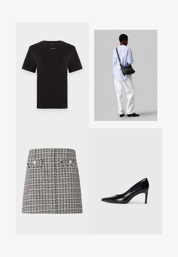 Černé bavlněné tričko s krátkými rukávy, kulatým výstřihem a malým bílým logem "Calvin Klein" na hrudi. Hladká textura, klasický střih.; Kratší sukně z tweedové látky v černobílé barvě s texturovaným vzorem. Disponuje dvěma malými kapsami s dekoračními ozdobami.; Černé kožené boty na vysokém podpatku s špičatou špičkou, hladkým povrchem a zúženým podpatkem. Minimalistický design, bez dalších ozdob.; Černá kožená kabelka přes rameno s jemnou texturou, trojúhelníkovým tvarem a nastavitelným popruhem, v kombinaci se světle modrou pruhovanou košilí a bílými kalhotami.