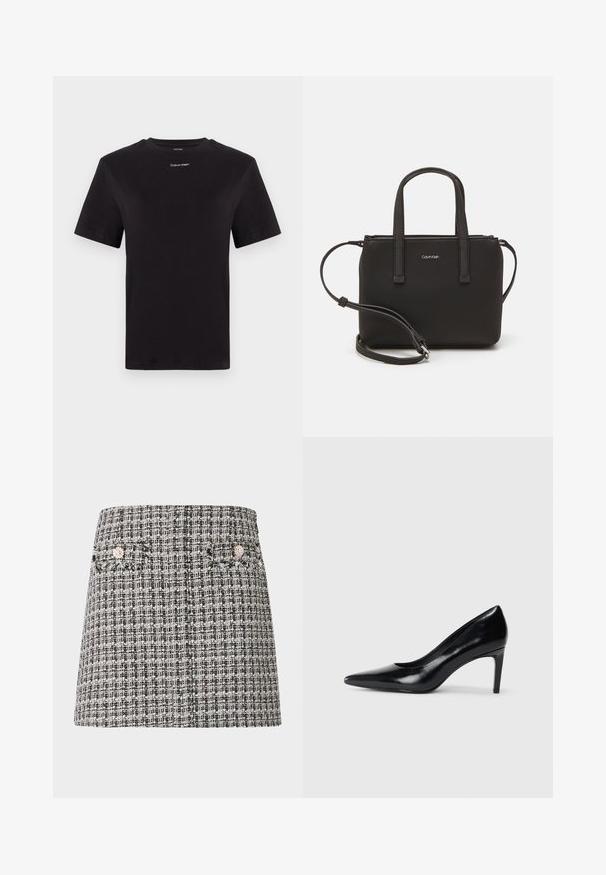 Juodas medvilninis marškinėliai trumpomis rankovėmis, apykaklė, su mažu baltu "Calvin Klein" logotipu krūtinėje. Lygus paviršius, klasikinis siluetas.; Juoda ir balta tweed mini sijonas su tekstūruotu raštu. Yra dvi mažos kišenės su dekoratyviniais akcentais.; Juodas odinis aukštakulnis batelis su smailiu pirštu, lygiu paviršiumi ir siauru kulnu. Minimalistinis dizainas, jokių papildomų puošmenų.; Juoda rankinė su dviem trumpais rankenėlėmis ir nuimamu petį. Lygaus odos tipo medžiaga su užtrauktuku ir logotipo detale.