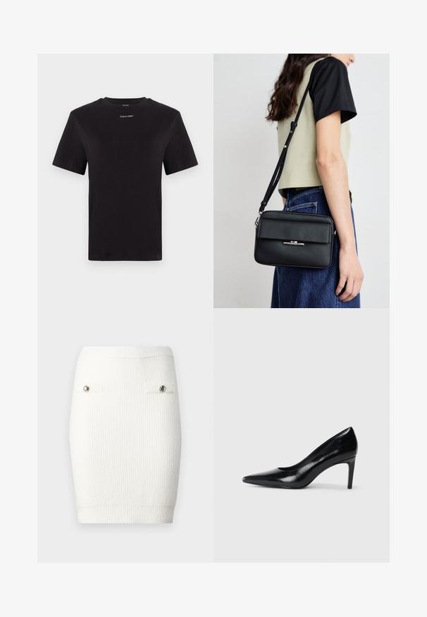T-shirt noir en coton à manches courtes, col rond, avec un petit logo blanc "Calvin Klein" sur la poitrine. Texture lisse, coupe classique.; Jupe mini en tricot côtelé blanche avec des accents de boutons en argent sur les poches avant et une silhouette ajustée, dotée d'une texture douce et d'une taille élastique.; Chaussure à talon haut en cuir noir avec un bout pointu, texture lisse et un talon effilé. Design minimaliste, sans embellissements supplémentaires.; Calvin Klein LINEAR CAMERA BAG - Sac bandoulière - black