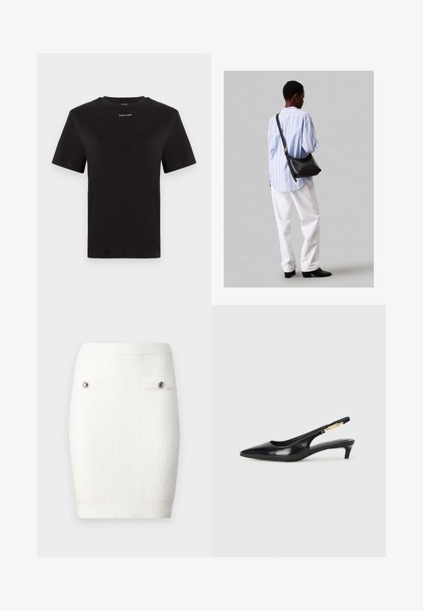 Musta puuvillapaita lyhyillä hihoilla, pyöreä pääntie ja pieni valkoinen "Calvin Klein" -logo rinnassa. Silkkinen pinta, klassinen istuvuus.; Valkoinen ribbiknitti mini-hame, jossa on hopeiset nappikoristukset etutaskuissa ja tiukka siluetti. Hameessa on pehmeä tekstuuri ja joustava vyötärö.; Mustat nahkaiset slingback-korkokengät, joissa on terävä kärki, ohuet korot ja kultasävytteinen yksityiskohta säädettävässä hihnassa. Silkkinen pinta.; Musta nahkainen olkalaukku, jossa on pehmeä rakenne, kolmion muoto ja säädettävä hihna, yhdistettynä vaaleansiniseen raidalliseen paitaan ja valkoisiin housuihin.
