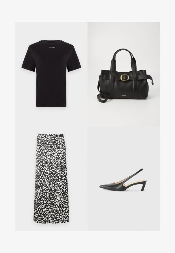 Čierne bavlnené tričko s krátkymi rukávmi, klasickým výstrihom a malým bielym logom "Calvin Klein" na hrudi. Hladká textúra, klasický strih.; Čierno-biela midi sukňa s abstraktným vzorom hviezd, s hladkou textúrou a elastickým pásom pre pohodlné nosenie.; Čierne slingback topánky s ostrou špičkou a nízkym opätkom, vyrobené z hladkej kože a s výrezmi na boku pre lepšiu priedušnosť.; Čierna kožená kabelka s štruktúrovaným dizajnom, dvojitými hornými uchopiteľmi, zlatým prackovým akcentom a embosovaným logom značky na prednej strane.