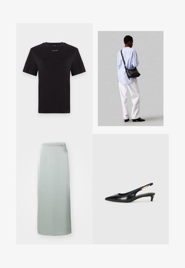 Čierne bavlnené tričko s krátkymi rukávmi, klasickým výstrihom a malým bielym logom "Calvin Klein" na hrudi. Hladká textúra, klasický strih.; Dlhá, svetlozelená sukňa z hladkej látky. Má rovný strih a skrytý zips v páse. Minimalistický dizajn, bez vzorov alebo akcentov.; Čierne kožené slingback opätky s špicatou špičkou, s úzkym opätkom a zlatým detailom na nastaviteľnom remienku. Hladká textúra.; Čierna kožená ramenná taška so mäkkou textúrou, trojuholníkovým tvarom a nastaviteľným popruhom, skombinovaná s svetlomodrou pruhovanou košeľou a bielymi nohavicami.