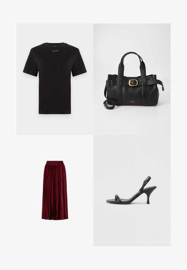 Black cotton t-shirt with short sleeves, crew neck, and small white "Calvin Klein" logo at the chest. Smooth texture, classic fit.; Burgundy pleated midi skirt with elastic waistband featuring subtle embossed brand name.; Black leather high-heeled sandals with a slim, curved heel and a crossed strap design. Adjustable ankle strap. Smooth texture.; Black leather handbag featuring a structured design, dual top handles, gold-tone buckle accent, and embossed brand logo at the front.