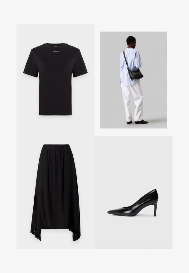 Μαύρη βαμβακερή μπλούζα με κοντά μανίκια, στρογγυλή λαιμόκοψη και λευκό μικρό λογότυπο "Calvin Klein" στο στήθος. Λείο ύφασμα, κλασική γραμμή.; DKNY MIX MEDIA SKIRT - Φούστα σε γραμμή Α - black; Μαύρο δερμάτινο ψηλοτάκουνο παπούτσι με μυτερή μύτη, λεία υφή και κοφτό τακούνι. Μινιμαλιστικός σχεδιασμός, χωρίς επιπρόσθετες διακοσμήσεις.; Μαύρη δερμάτινη τσάντα ώμου με απαλή υφή, τριγωνικό σχήμα και ρυθμιζόμενο λουρί, συνδυασμένη με ένα ανοιχτό μπλε ριγέ πουκάμισο και λευκό παντελόνι.