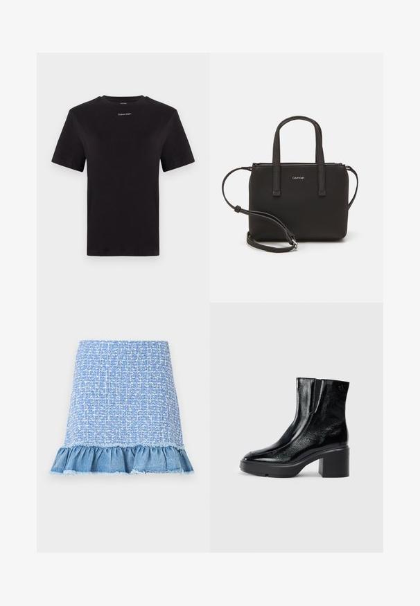 Schwarzes Baumwoll-T-Shirt mit kurzen Ärmeln, Rundhalsausschnitt und kleinem weißen "Calvin Klein"-Logo auf der Brust. Glatte Textur, klassischer Schnitt.; Himmelblauer Tweed-Rock mit einem gerafften Denim-Saum, der ein texturiertes Muster und ausgefranste Kanten aufweist und einen geschichteten Look erzeugt.; Schwarze Lackleder-Stiefeletten mit einer geschwungenen Zehenpartie, elastischen Seiteneinsätzen und einem klobigen Blockabsatz. Mit geprägtem Logo auf der Rückseite.; Schwarze Handtasche mit zwei kurzen, doppelt geflochtenen Griffen und einem abnehmbaren Schulterriemen. Glattes, lederähnliches Material mit einem Reißverschluss und Logodetail.