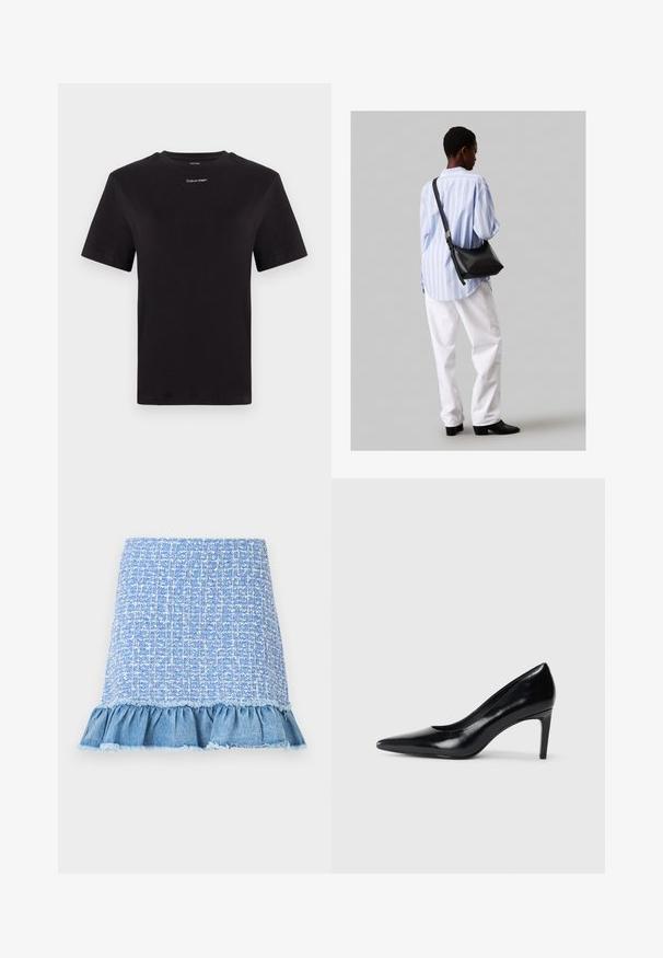 Svart bomull T-skjorte med korte ermer, rund hals og liten hvit "Calvin Klein" logo på brystet. Glatt tekstur, klassisk passform.; Lyseblå tweed-skjørt med volangkant i denim, med et strukturert mønster og slitne kanter, som skaper et lagdelt utseende.; Sorte skinnhøye hæler med spiss tå, glatt tekstur og avsmalnet hæl. Minimalistisk design, ingen ekstra dekorasjoner.; Svart lær skulderveske med en myk tekstur, trekantet form og justerbar stropp, kombinert med en lyseblå stripete skjorte og hvite bukser.