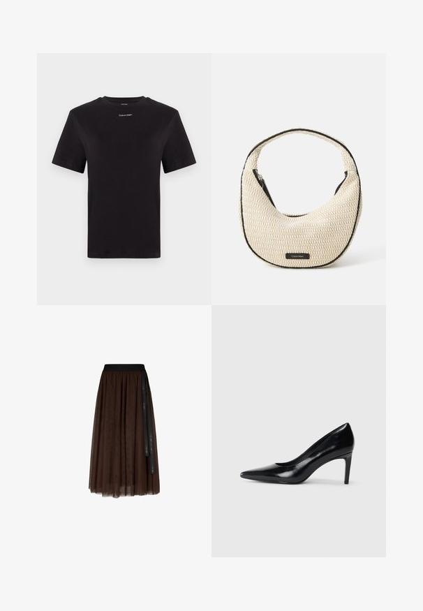 Černé bavlněné tričko s krátkými rukávy, kulatým výstřihem a malým bílým logem "Calvin Klein" na hrudi. Hladká textura, klasický střih.; Hnědá midi délky tylová sukně s černým elastickým pasem a dlouhou černou stužkou visící na jedné straně.; Černé kožené boty na vysokém podpatku s špičatou špičkou, hladkým povrchem a zúženým podpatkem. Minimalistický design, bez dalších ozdob.; Beige tkaná kabelka na rameno s křivým tvarem a černým lemem. Obsahuje horní zipové uzavření a nášivku s logem na přední straně.