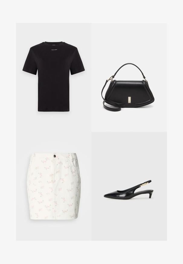 Tricou negru din bumbac, cu mâneci scurte, gât rotund și un mic logo alb "Calvin Klein" pe piept. Textură netedă, croială clasică.; Fustă din denim alb cu un model floral în nuanțe de roz și verde, având închidere cu nasturi în față și buzunare laterale. Design de lungime scurtă.; Sandale slingback din piele neagră cu vârf ascuțit, având un toc subțire și un accent de culoare aurie pe curea ajustabilă. Textură netedă.; Geantă de umăr din piele neagră, cu un design structurat, având o formă tăiată, mânere superioare și accente din aur. Include o curea de umăr ajustabilă.