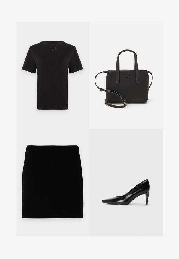Camiseta de algodón negra con mangas cortas, cuello redondo y pequeño logo blanco de "Calvin Klein" en el pecho. Textura suave, corte clásico.; Mini falda negra hecha de una tela suave, con un diseño simple sin costuras visibles ni adornos. Líneas limpias y corte recto.; Zapato de tacón alto de cuero negro con punta afilada, textura suave y tacón en forma de cono. Diseño minimalista, sin adornos adicionales.; Bolso de mano negro con dos asas cortas y una correa de hombro removible. Material suave tipo cuero con cierre de cremallera y detalle del logo.