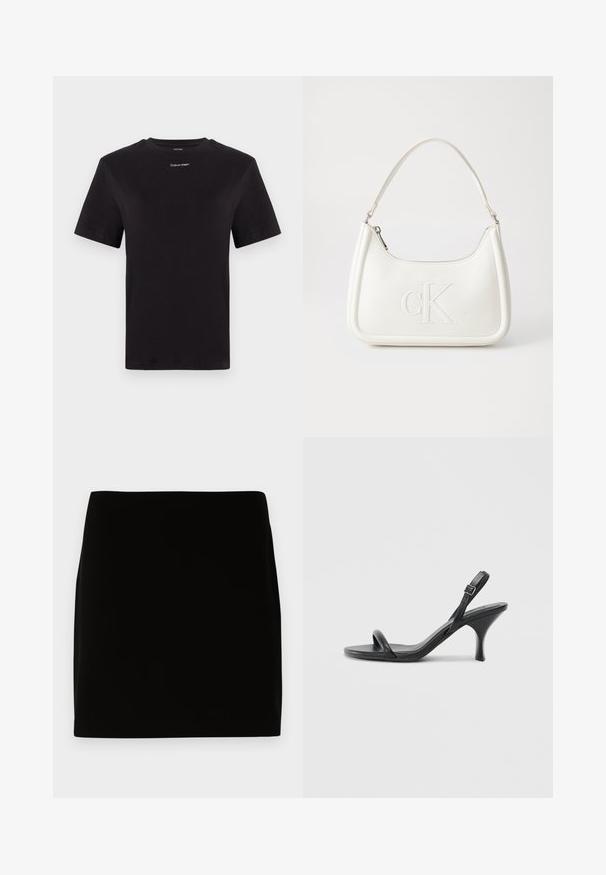 Crna pamučna majica s kratkim rukavima, okruglim izrezom i malim bijelim logom "Calvin Klein" na prsima. Glatka tekstura, klasičan kroj.; Crna mini suknja od glatkog materijala, s jednostavnim dizajnom bez vidljivih šavova ili ukrasa. Čiste linije i ravni kroj.; Crne kožne sandale na visoku petu s tankom, zakrivljenom petom i dizajnom prekriženih traka. Podesiva traka oko gležnja. Glatka tekstura.; Bijela kožna torba s zakrivljenim oblikom, koja na prednjoj strani ima utisnut logotip "CK" i jedan remen za nošenje preko ramena. Zatvaranje na munju na vrhu.