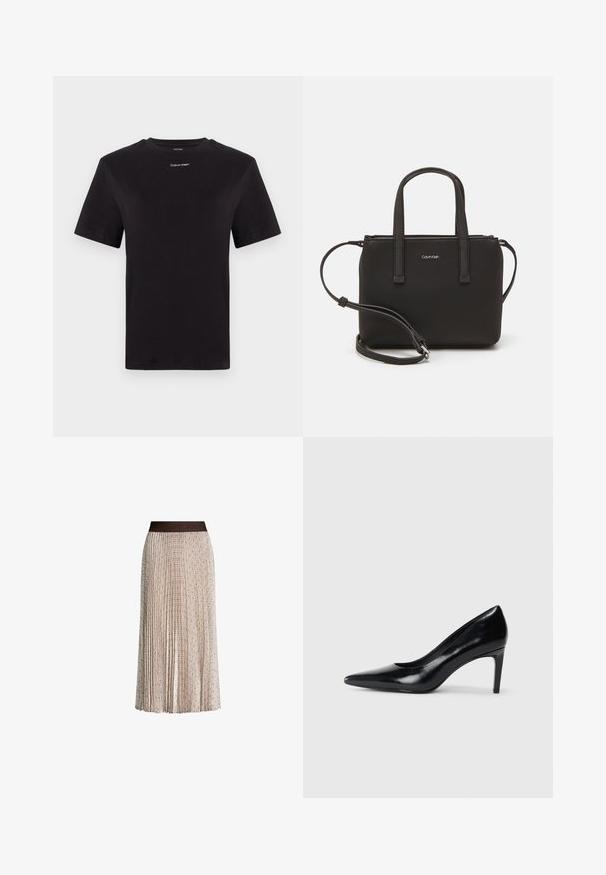 T-shirt noir en coton à manches courtes, col rond, avec un petit logo blanc "Calvin Klein" sur la poitrine. Texture lisse, coupe classique.; Jupe midi plissée beige avec un subtil motif géométrique et une taille foncée arborant le logo en relief "JOOP!".; Chaussure à talon haut en cuir noir avec un bout pointu, texture lisse et un talon effilé. Design minimaliste, sans embellissements supplémentaires.; Sac à main noir avec deux poignées courtes et une bandoulière amovible. Matière lisse semblable à du cuir avec une fermeture éclair et un détail de logo.