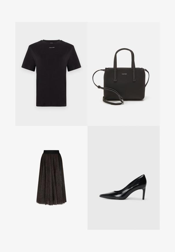 Sort bomulds t-shirt med korte ærmer, rund halsudskæring og lille hvid "Calvin Klein" logo på brystet. Glat tekstur, klassisk pasform.; Brun og sort mønstret midi nederdel med en sort elastisk talje og vertikal sort stribe detalje på den ene side.; Sort læder højhælede sko med spids tå, glat tekstur og en taperet hæl. Minimalistisk design uden yderligere udsmykninger.; Sort håndtaske med to korte håndtag og en aftagelig skulderrem. Glat læderagtigt materiale med lynlåslukning og logo detaljer.