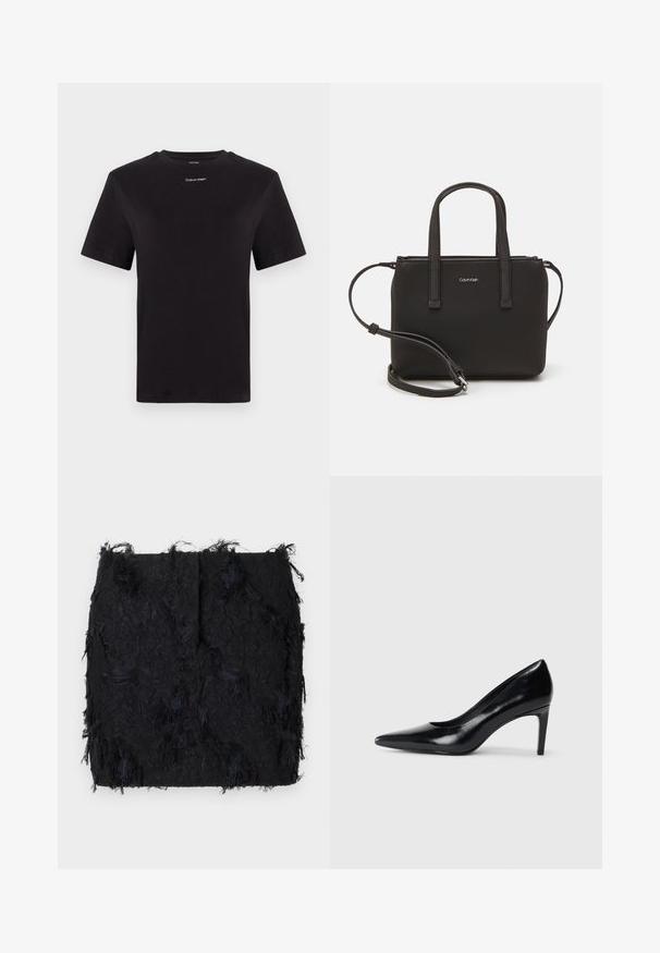 Must musta t-särk lühikeste käistega, ümberringi kaelusega ja väikese valge "Calvin Klein" logo'ga rinnal. Sile tekstuur, klassikaline lõige.; Must mustriga seelik, millel on kihiline frantsiisidisain ja veidi ebaregulaarne serv, valmistatud kergest kangast.; Mustmust musta kõrge kontsaga king, millel on terav varvas, sile tekstuur ja kitsenev konts. Minimalistlik disain, ilma täiendavate kaunistusteta.; Musthave mustrans vöö ja eemaldatav õlarihm. Gludike nahk siledaga, millel on tõmblukk ja logo detail.