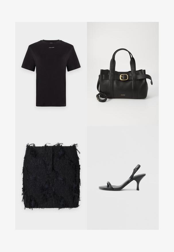 Must musta t-särk lühikeste käistega, ümberringi kaelusega ja väikese valge "Calvin Klein" logo'ga rinnal. Sile tekstuur, klassikaline lõige.; Must mustriga seelik, millel on kihiline frantsiisidisain ja veidi ebaregulaarne serv, valmistatud kergest kangast.; Mustad nahast kõrgete kontsadega sandaalid, millel on saledad, kõverad kontsad ja ristatud rihma disain. Reguleeritav pahkluu rihm. Sile tekstuur.; Must mustraga nahkakott, millel on struktureeritud disain, kaks ülemist kanda, kuldse tooni pandla aktsent ja esiküljel embosseeritud brändi logo.