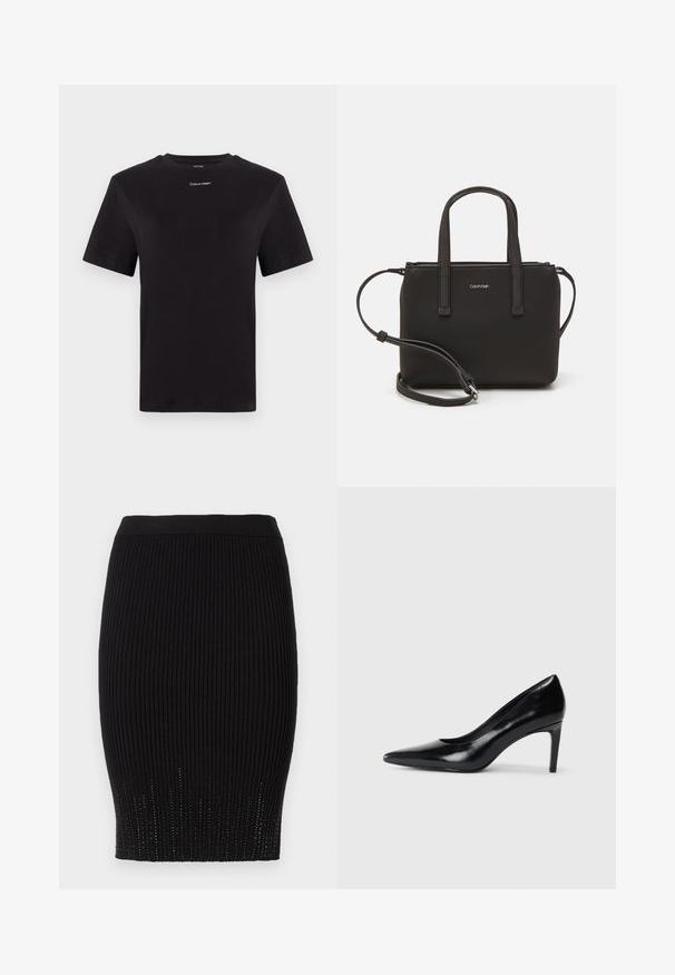 T-shirt noir en coton à manches courtes, col rond, avec un petit logo blanc "Calvin Klein" sur la poitrine. Texture lisse, coupe classique.; Jupe noire en maille côtelée avec une taille lisse et des détails texturés décoratifs au niveau de l'ourlet. Présente une silhouette ajustée.; Chaussure à talon haut en cuir noir avec un bout pointu, texture lisse et un talon effilé. Design minimaliste, sans embellissements supplémentaires.; Sac à main noir avec deux poignées courtes et une bandoulière amovible. Matière lisse semblable à du cuir avec une fermeture éclair et un détail de logo.
