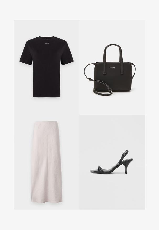 T-shirt noir en coton à manches courtes, col rond, avec un petit logo blanc "Calvin Klein" sur la poitrine. Texture lisse, coupe classique.; Jupe maxi en lin rose pâle au design épuré et droit. Le tissu présente une surface légèrement texturée et une taille élastique.; Sandales à talons hauts en cuir noir avec un talon fin et courbé et un design de brides croisées. Bride de cheville réglable. Texture lisse.; Sac à main noir avec deux poignées courtes et une bandoulière amovible. Matière lisse semblable à du cuir avec une fermeture éclair et un détail de logo.