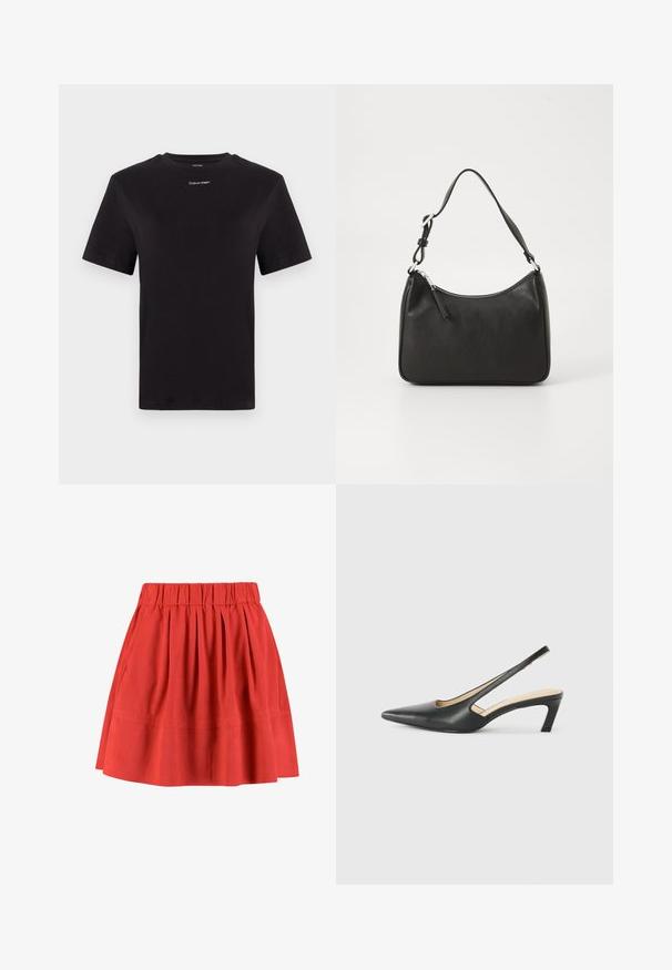 Camiseta de algodón negra con mangas cortas, cuello redondo y pequeño logo blanco de "Calvin Klein" en el pecho. Textura suave, corte clásico.; Moves KIA - Falda plisada - mineral red; Zapato negro de punta afilada tipo slingback con un tacón bajo, que presenta un material de cuero suave y un diseño recortado en el lateral para mayor transpirabilidad.; Bolso de mano de cuero negro con forma curvada, una sola correa, cierre de cremallera y marcas sutiles en la parte frontal. Textura suave, diseño minimalista.