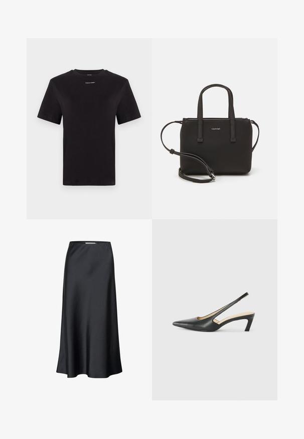 Melna kokvilnas T-kreklu ar īsām piedurknēm, apaļu kakla izgriezumu un nelielu baltu "Calvin Klein" logotipu krūtīs. Gluda tekstūra, klasiskā piegriezuma.; Melnas midi svārki, izgatavoti no gludas auduma, ar plūstošu siluetu un smalku spīdumu. Iezīmējas ar vienkāršu, viendabīgu krāsas dizainu.; Melna, ar smailu purngalu, slingback kurpe ar zemu papēdi, izgatavota no gludas ādas materiāla un ar izgriezumiem sānos gaisa caurlaidībai.; Melns roku soma ar divām īsām rokturiem un noņemamu plecu siksnu. Gluda ādas līdzīga materiāla ar rāvējslēdzēja aizdari un logos detaļu.