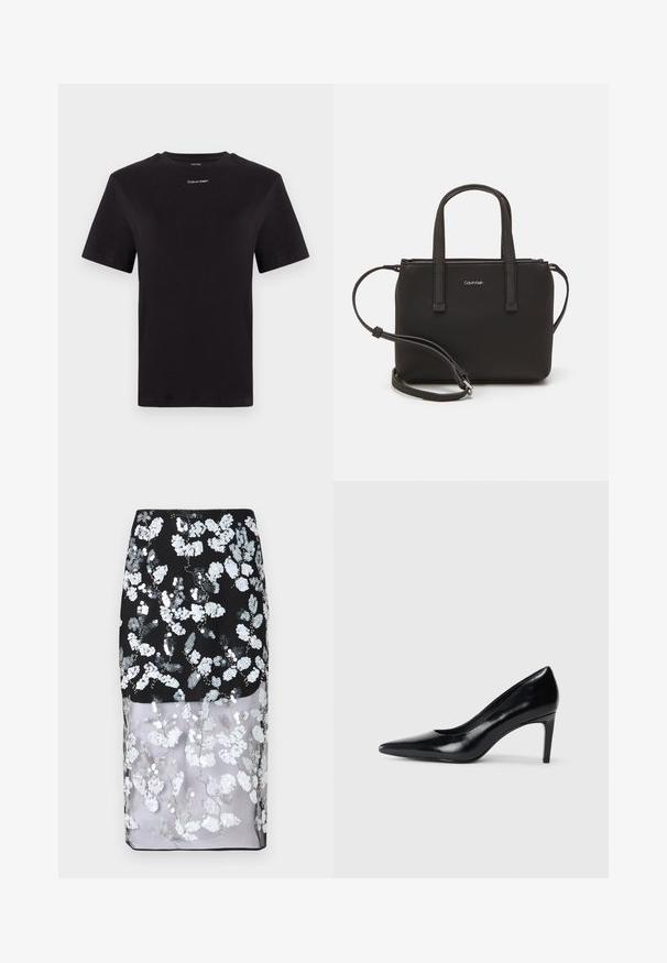 Črna bombažna majica s kratkimi rokavi, okroglim izrezom in majhnim belim logotipom "Calvin Klein" na prsih. Gladka tekstura, klasičen kroj.; Cras SKIRT - Ozko oprijeto krilo - black; Črna usnjena črna čevlja na visokem petu z zašiljenim prstom, gladko teksturo in zoženim peto. Minimalističen dizajn, brez dodatnih okraskov.; Črna torbica z dvema kratkima ročajema in odstranljivim naramnim trakom. Gladek usnju podoben material z zadrgo in podrobnostmi z logotipom.