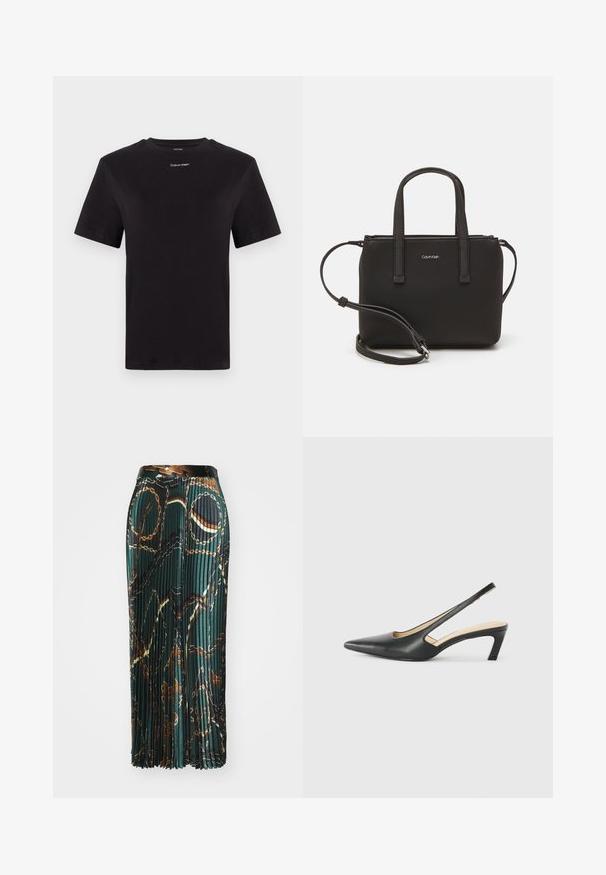 Schwarzes Baumwoll-T-Shirt mit kurzen Ärmeln, Rundhalsausschnitt und kleinem weißen "Calvin Klein"-Logo auf der Brust. Glatte Textur, klassischer Schnitt.; Faltenrock in Midi-Länge aus dunkelgrünem Stoff mit einem Kettenmuster in goldenen und braunen Tönen, versehen mit einem festen Taillenbund.; Schwarzer spitz zulaufender Slingback-Schuh mit niedrigem Absatz, der aus glattem Leder gefertigt ist und seitliche Ausschnitte für Atmungsaktivität aufweist.; Schwarze Handtasche mit zwei kurzen, doppelt geflochtenen Griffen und einem abnehmbaren Schulterriemen. Glattes, lederähnliches Material mit einem Reißverschluss und Logodetail.