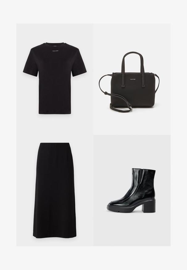Crna pamučna majica s kratkim rukavima, okruglim izrezom i malim bijelim logom "Calvin Klein" na prsima. Glatka tekstura, klasičan kroj.; Crna maxi suknja s glatkom, mekom teksturom i elastičnom pasicom. Jednostavan, ravni kroj bez vidljivih uzoraka ili ukrasa.; Crne lakirane gležnjače s zakrivljenim prstom, elastičnim bočnim panelima i masivnom blok petom. Sadrže urezani logo na leđima.; Crna torba s dva kratka ručka i uklonjivom naramenicom. Glatki materijal nalik koži s zatvaračem na zatvaranje i detaljem s logom.