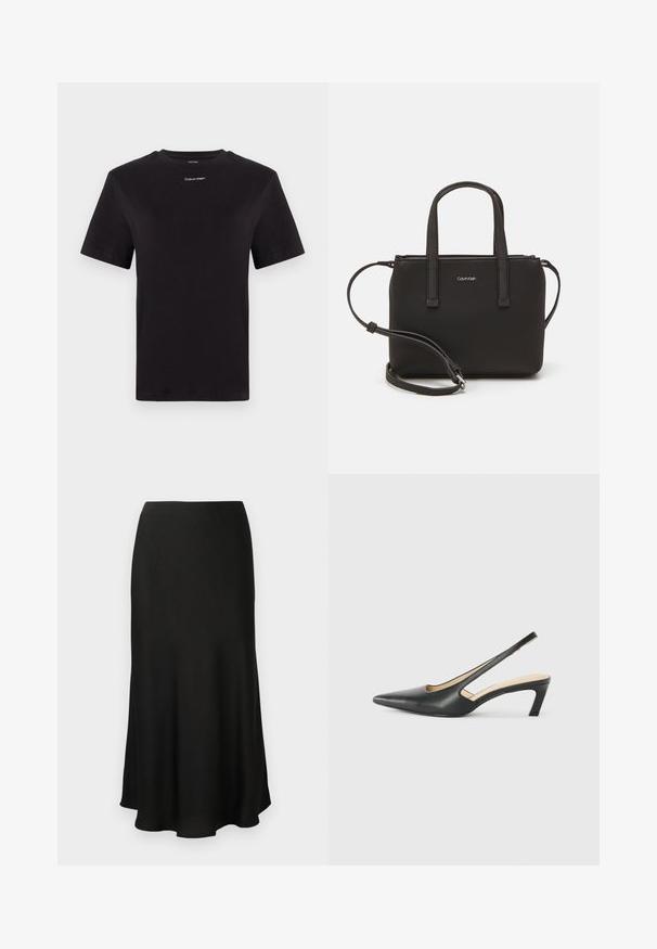 Schwarzes Baumwoll-T-Shirt mit kurzen Ärmeln, Rundhalsausschnitt und kleinem weißen "Calvin Klein"-Logo auf der Brust. Glatte Textur, klassischer Schnitt.; Schwarzer, fließender Midi-Rock aus weichem Stoff. Mit einem glatten Taillenbund und einem leicht ausgestellten Saum, der eine elegante Silhouette bietet.; Schwarzer spitz zulaufender Slingback-Schuh mit niedrigem Absatz, der aus glattem Leder gefertigt ist und seitliche Ausschnitte für Atmungsaktivität aufweist.; Schwarze Handtasche mit zwei kurzen, doppelt geflochtenen Griffen und einem abnehmbaren Schulterriemen. Glattes, lederähnliches Material mit einem Reißverschluss und Logodetail.