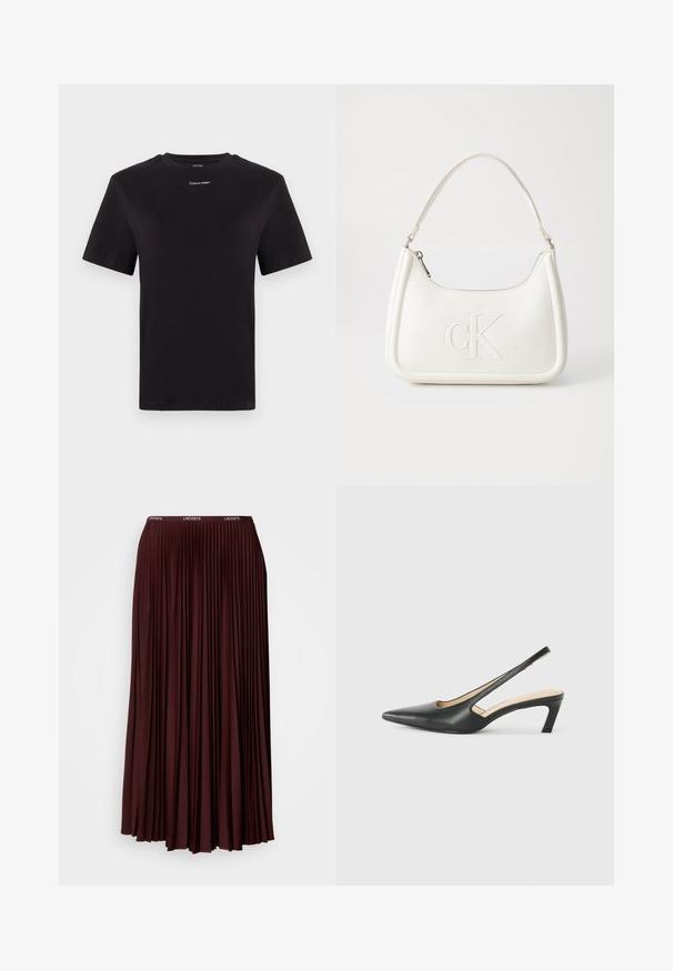 Črna bombažna majica s kratkimi rokavi, okroglim izrezom in majhnim belim logotipom "Calvin Klein" na prsih. Gladka tekstura, klasičen kroj.; Burgundska plisirana krila izdelana iz mehke tkanine z elastičnim pasom, ki vsebuje subtilen logotip. Polna dolžina z navpičnimi pliskami.; Črne čevlje s koničastimi nosovi in slingback obliko z nizko peto, izdelane iz gladke usnjene materiale ter s črtasto zasnovo na strani za prezračevanje.; Bela usnjena torbica s ukrivljeno obliko, ki na sprednji strani nosi vžgano logo "CK" in ima eno naramnico. Zadrga za zapiranje na vrhu.