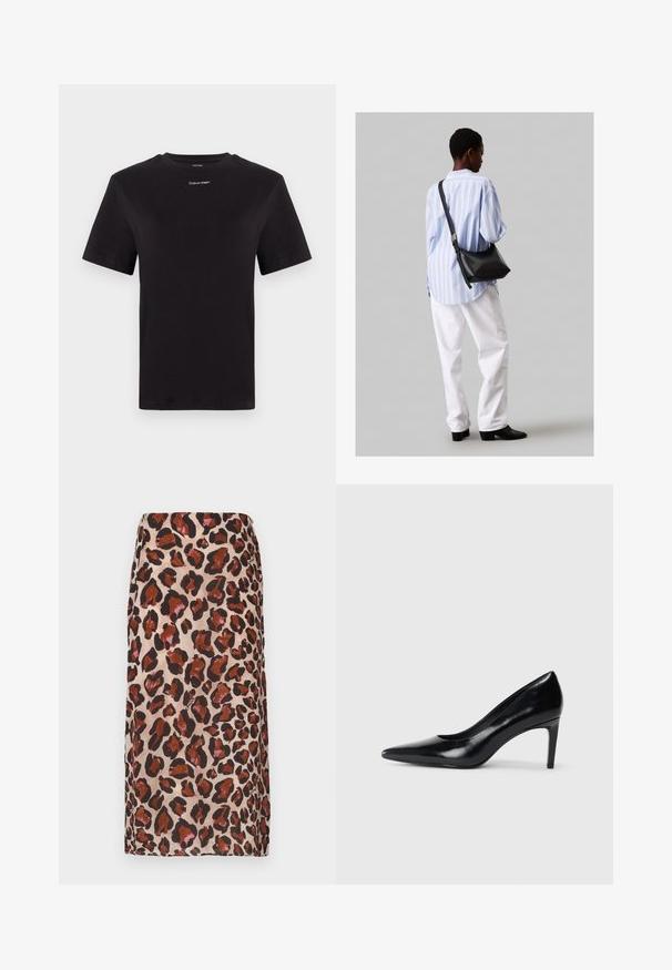 Čierne bavlnené tričko s krátkymi rukávmi, klasickým výstrihom a malým bielym logom "Calvin Klein" na hrudi. Hladká textúra, klasický strih.; Sukňa midi s leopardím vzorom v odtieňoch hnedej a čiernej na béžovom pozadí. Vyrobená z hladkej tkaniny, s rovnou siluetou.; Čierna kožená vysoká topánka s ihlovým podpätkom a špičatou špicou, hladkou textúrou a zúženým podpätkom. Minimalistický dizajn, bez ďalších ozdôb.; Čierna kožená ramenná taška so mäkkou textúrou, trojuholníkovým tvarom a nastaviteľným popruhom, skombinovaná s svetlomodrou pruhovanou košeľou a bielymi nohavicami.