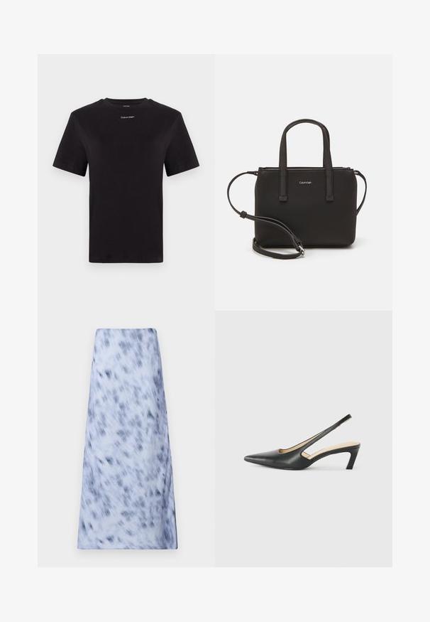 T-shirt in cotone nero con maniche corte, colletto a girocollo e piccolo logo bianco "Calvin Klein" sul petto. Texture liscia, vestibilità classica.; Una lunga gonna azzurra chiaro con un motivo sfocato in blu scuro. Il tessuto appare morbido, con una texture liscia e un design semplice.; Scarpa slingback nera con punta affilata e tacco basso, realizzata in pelle liscia e con un design a taglio laterale per favorire la traspirabilità.; Borsa nera con doppi manici corti e tracolla removibile. Materiale simile alla pelle liscia con chiusura a zip e dettaglio del logo.