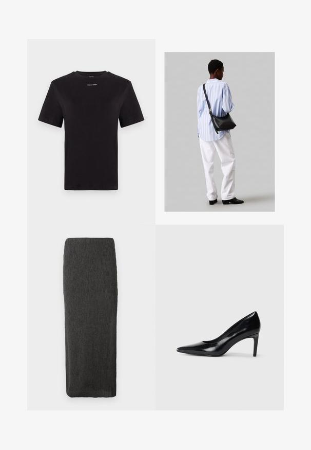 Svart bomull T-skjorte med korte ermer, rund hals og liten hvit "Calvin Klein" logo på brystet. Glatt tekstur, klassisk passform.; Lang, rett svart teksturert skjørt med høy livlinje og en liten innsnevring mot hemmet på hvit bakgrunn.; Sorte skinnhøye hæler med spiss tå, glatt tekstur og avsmalnet hæl. Minimalistisk design, ingen ekstra dekorasjoner.; Svart lær skulderveske med en myk tekstur, trekantet form og justerbar stropp, kombinert med en lyseblå stripete skjorte og hvite bukser.