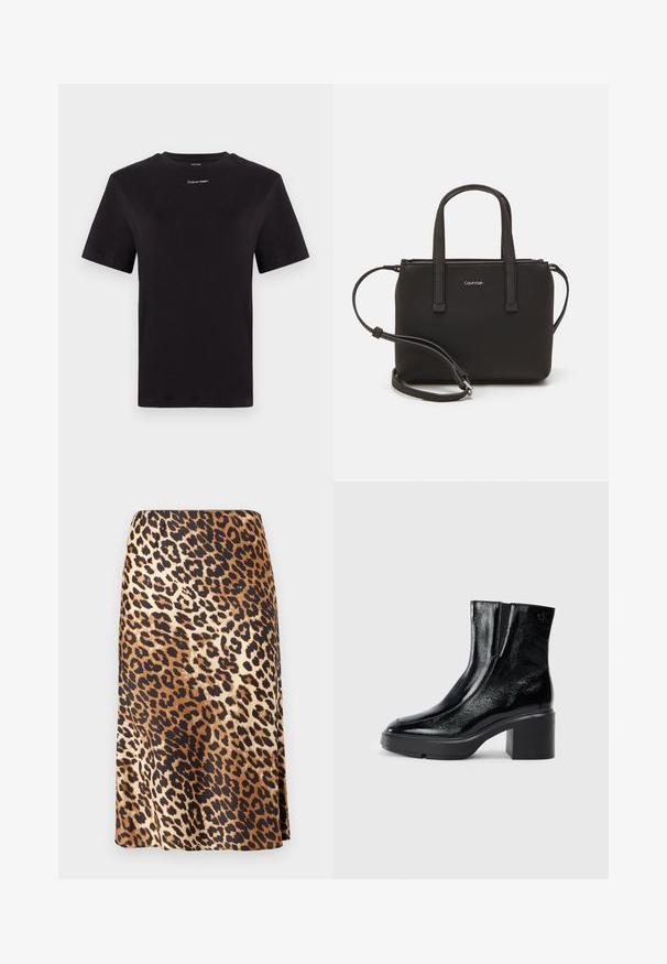 Czarny t-shirt bawełniany z krótkimi rękawami, okrągłym dekoltem i małym białym logo "Calvin Klein" na piersi. Gładka struktura, klasyczny krój.; Spódnica w panterkę z gładkiego, satynowego materiału; charakteryzuje się mieszanką brązowych, czarnych i kremowych kolorów oraz sylwetką w kształcie litery A.; Czarne lakierowane botki za kostkę z zaokrąglonym noskiem, elastycznymi panelami bocznymi i masywnym obcasem blokowym. Posiadają wytłoczone logo z tyłu.; Czarna torebka z dwoma krótkimi uchwytami i odpinanym paskiem na ramię. Gładki materiał przypominający skórę, z zamkiem błyskawicznym i detalem z logo.