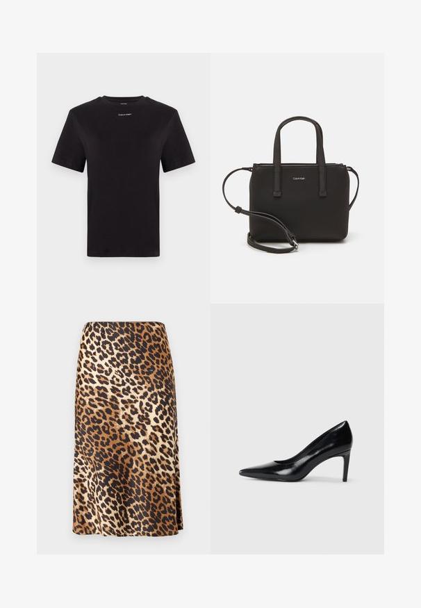 Črna bombažna majica s kratkimi rokavi, okroglim izrezom in majhnim belim logotipom "Calvin Klein" na prsih. Gladka tekstura, klasičen kroj.; Krilo z leopardjim vzorcem iz gladkega, satenskem materiala; vsebuje mešanico rjavih, črnih in kremnih barv ter A-linijo.; Črna usnjena črna čevlja na visokem petu z zašiljenim prstom, gladko teksturo in zoženim peto. Minimalističen dizajn, brez dodatnih okraskov.; Črna torbica z dvema kratkima ročajema in odstranljivim naramnim trakom. Gladek usnju podoben material z zadrgo in podrobnostmi z logotipom.