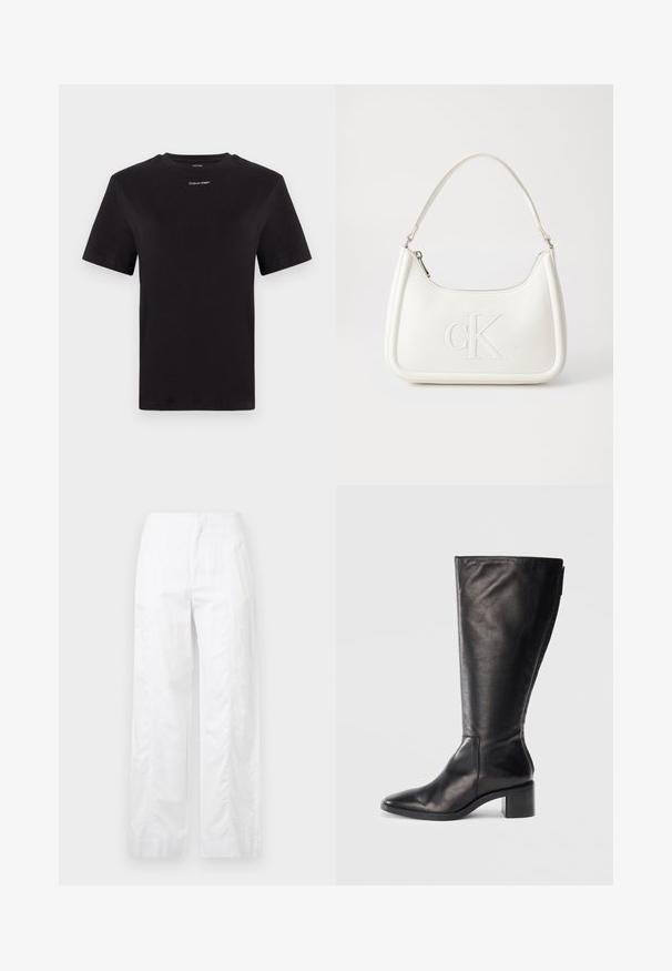 Fekete pamut póló rövid ujjakkal, kerek nyakkivágással és kis fehér "Calvin Klein" logóval a mellkasnál. Simás textúra, klasszikus fazon.; Fehér, széles szárú nadrág könnyű anyagból, sima textúrával, letisztult vonalakkal és magasderék kialakítással.; Fekete bőr, térdig érő csizma négyzetes orral, vastag sarokkal és letisztult dizájnnal. Simább felület, oldalsó cipzárral a könnyű felhúzás érdekében.; Fehér bőrtáska ívelt formájú, elöl feltűnő "CK" logóval, egyetlen vállpánttal. Cipzáras zárás a tetején.