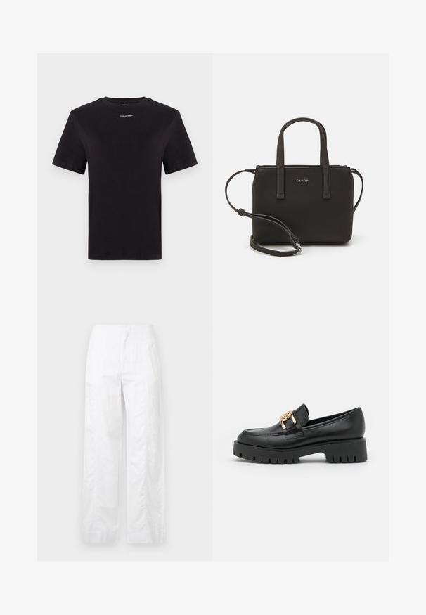 Čierne bavlnené tričko s krátkymi rukávmi, klasickým výstrihom a malým bielym logom "Calvin Klein" na hrudi. Hladká textúra, klasický strih.; Biele široké nohavice z ľahkej látky, s hladkou textúrou, čistými líniami a vysokým pásom.; Čierne kožené mokasíny s masívnou podrážkou a zlatými akcentmi; majú zaoblenú šp AssemblyTitle a prešité detaily po obvode.; Čierna kabelka s dvojitými krátkymi rúčkami a odnímateľným ramenným popruhom. Hladký materiál podobný koži s uzatváraním na zips a detailom loga.