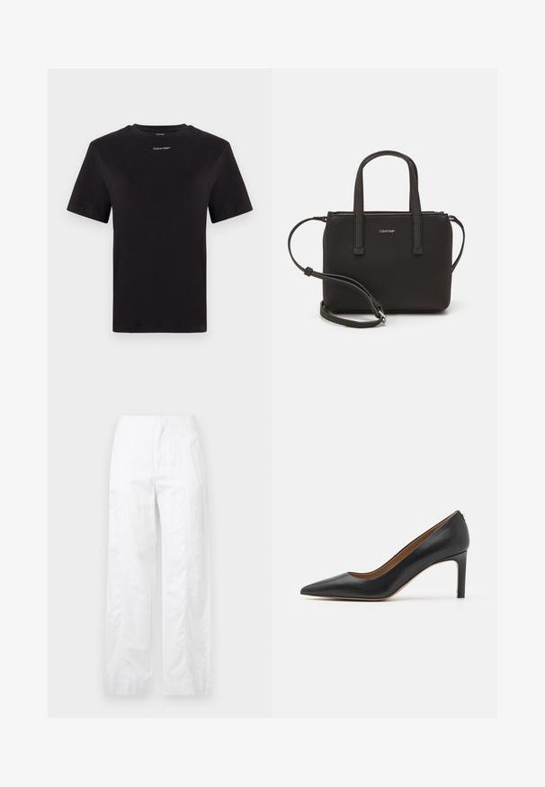 Melna kokvilnas T-kreklu ar īsām piedurknēm, apaļu kakla izgriezumu un nelielu baltu "Calvin Klein" logotipu krūtīs. Gluda tekstūra, klasiskā piegriezuma.; Baltas, plaša kāju bikses, izgatavotas no viegla auduma, ar gludu tekstūru, tīrām līnijām un augstu jostasvietu.; Melnas ādas augstpapēžu kurpes ar smailu purngali, elegantu siluetu un šauru papēdi. Izturīga tekstūra un minimāli aksesuāri.; Melns roku soma ar divām īsām rokturiem un noņemamu plecu siksnu. Gluda ādas līdzīga materiāla ar rāvējslēdzēja aizdari un logos detaļu.