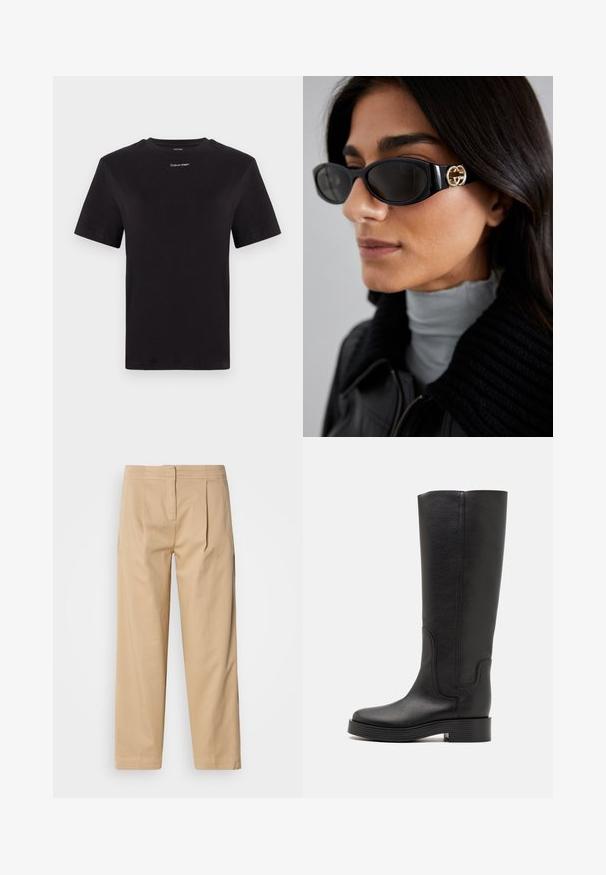 Schwarzes Baumwoll-T-Shirt mit kurzen Ärmeln, Rundhalsausschnitt und kleinem weißen "Calvin Klein"-Logo auf der Brust. Glatte Textur, klassischer Schnitt.; Beige Baumwollhosen mit relaxed Fit, zwei vorderen Falten, geradem Bein und klassischem Knopfverschluss am Bund.; Casadei CHARLIE STATUS - Plateaustiefel - black; Schwarze Sonnenbrille mit einem schlanken rechteckigen Rahmen und einem goldenen Logo-Akzent an der Seite. Dunkle Gläser und glänzende Oberfläche sind auffällig.; Schwarze Handtasche mit zwei kurzen, doppelt geflochtenen Griffen und einem abnehmbaren Schulterriemen. Glattes, lederähnliches Material mit einem Reißverschluss und Logodetail.