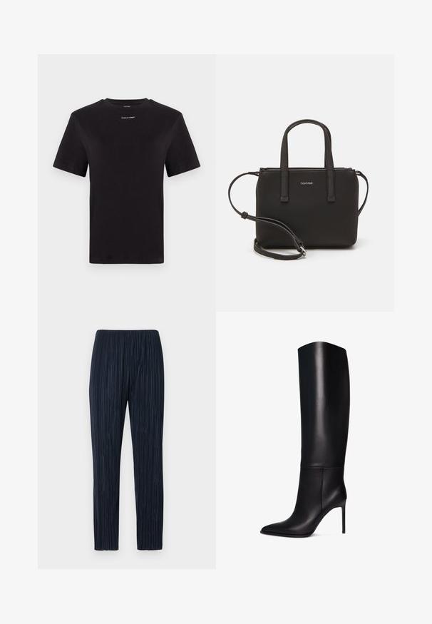 Camiseta de algodón negra con mangas cortas, cuello redondo y pequeño logo blanco de "Calvin Klein" en el pecho. Textura suave, corte clásico.; Pantalones marinero de pinzas con una cinturilla elástica, que presentan una tela texturizada, diseño de pierna recta y sutiles rayas verticales en toda su superficie.; Bota de tacón stiletto negra de cuero hasta la rodilla con puntera puntiaguda. Textura suave, diseño estructurado y un tacón alto y delgado. Sin herrajes ni patrones visibles.; Bolso de mano negro con dos asas cortas y una correa de hombro removible. Material suave tipo cuero con cierre de cremallera y detalle del logo.