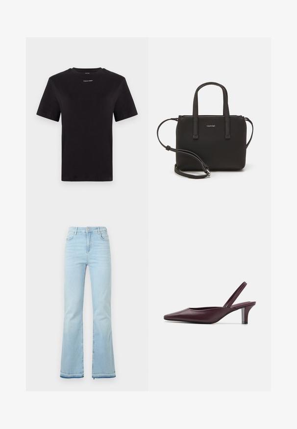 Černé bavlněné tričko s krátkými rukávy, kulatým výstřihem a malým bílým logem "Calvin Klein" na hrudi. Hladká textura, klasický střih.; Světle modré rozšířené džíny vyrobené z denimové látky, s vysokým pasem, předními kapsami a surovým lemem na manžetách pro uvolněný vzhled.; Burgundské kožené slingback podpatky s špičatou špičkou a štíhlým průhledným podpatkem. Hladký povrch s minimálními detaily.; Černá kabelka s dvojitými krátkými uchy a odnímatelným ramenním popruhem. Hladký koženkový materiál s uzávěrem na zip a detailem loga.
