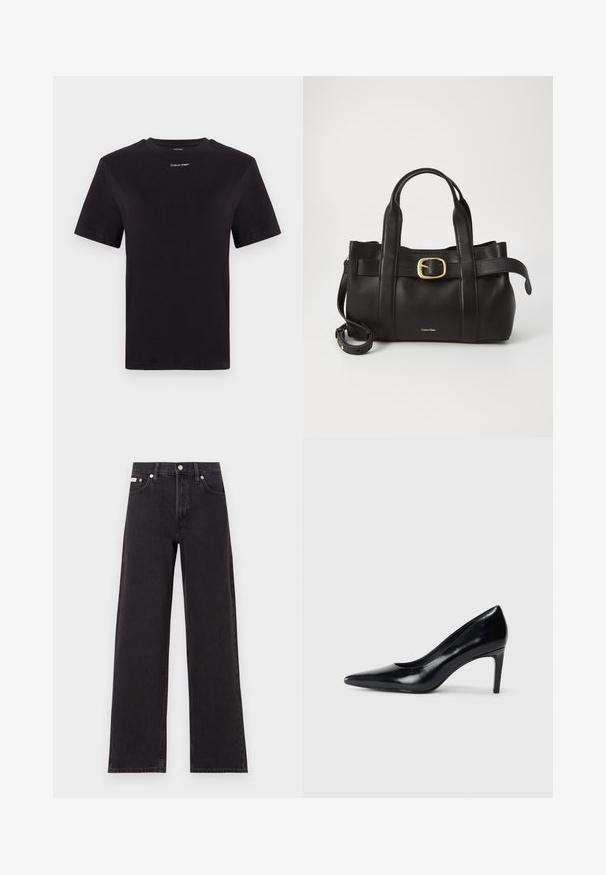 Zwarte katoenen t-shirt met korte mouwen, ronde hals en klein wit "Calvin Klein" logo op de borst. Gladde textuur, klassieke pasvorm.; Zwarte wijde spijkerbroeken van denim, met een hoge taille, vijf-pocket stijl en een metalen knoopsluiting met contrasterende stiksels.; Zwarte leren hoge hak met een spitse neus, een gladde textuur en een tapse hak. Minimalistisch ontwerp, geen extra versieringen.; Zwarte leren handtas met een gestructureerd ontwerp, dubbele handgrepen aan de bovenkant, een gouden gespaccent en een geperst merklogo aan de voorkant.