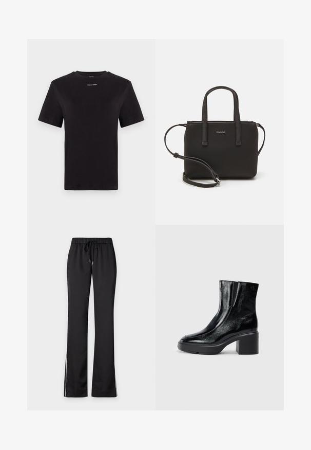 Must musta t-särk lühikeste käistega, ümberringi kaelusega ja väikese valge "Calvin Klein" logo'ga rinnal. Sile tekstuur, klassikaline lõige.; Mustad mustus spordipüks, millel on paelaga vöökoht, sirged sääred ja valged külgribad, valmistatud siledast ja kergest kangast.; Mustmustest must paeltega särkide, millel on kõver varvas, elastsed külgpaneelid ja jäme plokkpealse. Tagaküljel on reljeefne logo.; Musthave mustrans vöö ja eemaldatav õlarihm. Gludike nahk siledaga, millel on tõmblukk ja logo detail.